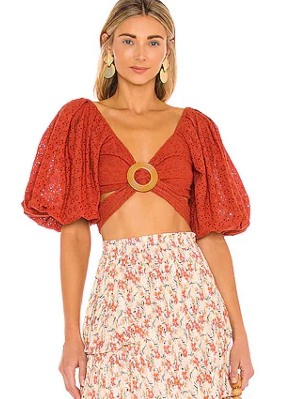 MINKPINK Rust Off-the-Shoulder Eyelet Knit Crop Top